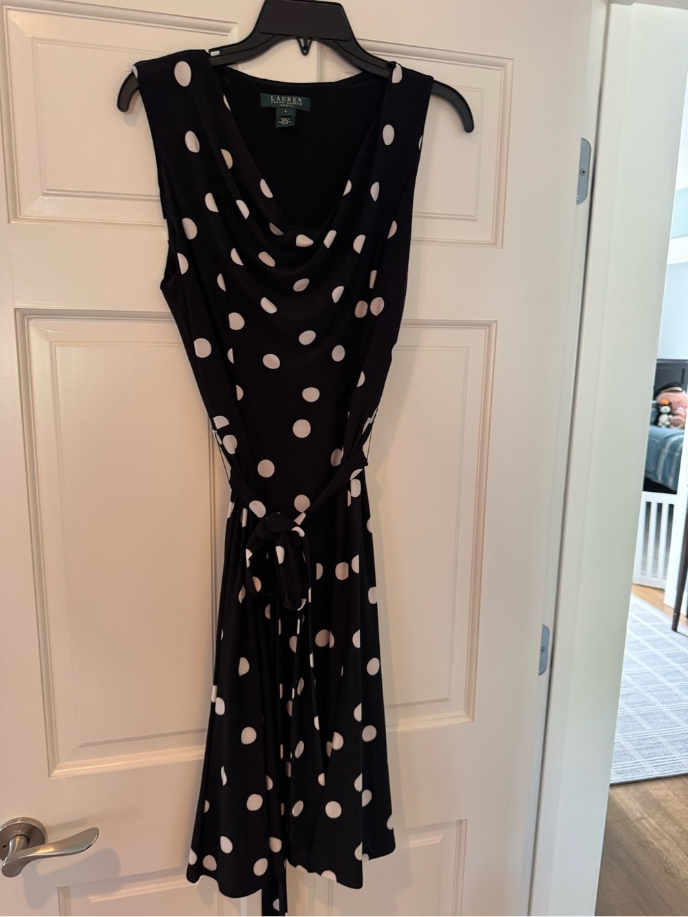 Lauren Ralph Lauren Black and White Polka Dot Midi Dress with tie